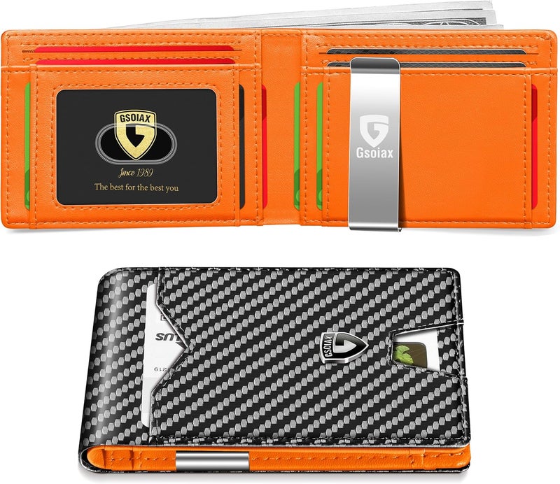 GSOIAX Mens Slim Wallet for Men Minimalist Genuine Leather Carbon Fiber Rfid Blocking Bifold Credit Card Holder With Gift Box (Carbon and Orange -money clip) - Image 1